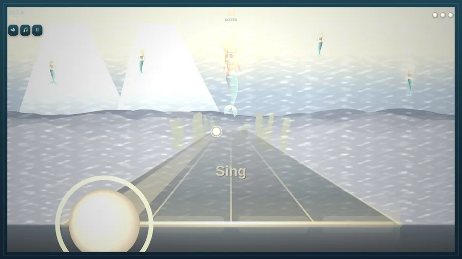 Act 5, The Air: the sea gone silver, the mermaid rising with her five sisters, 44 notes left and the word Sing