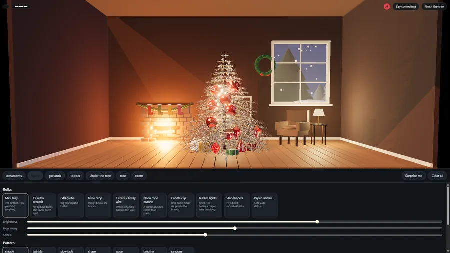 The lights panel with bulbs such as Mini fairy and C9 retro ceramic, and sliders for brightness, how many and speed