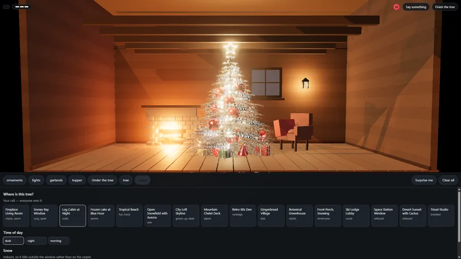 A lit tree with a star topper in a log cabin beside the fire, with Log Cabin at Night selected in the room picker