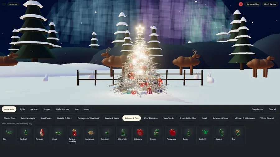 A tree with a star topper on a snowfield under the aurora, with reindeer and a fence, above the Animals & Pets shelf
