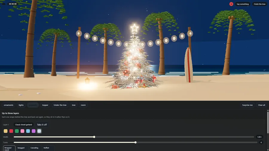 A lit tree on a beach at night between palm trees and a surfboard, above the garland layer settings