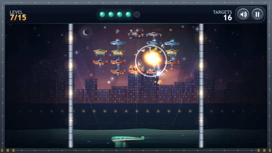 Level 7/15, 16 targets: a boulder bursts among saucers and gunships over a night city, the tentacle waiting below