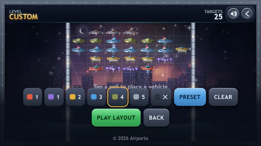 The Level Editor: a custom convoy of 25 targets on the grid, a six-vehicle palette, and Preset, Clear, Play Layout and Back