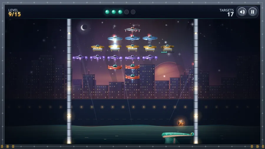 Level 9 of 15: a mixed fleet with purple craft and gunships, an impact flash on top and the ball heading back down.