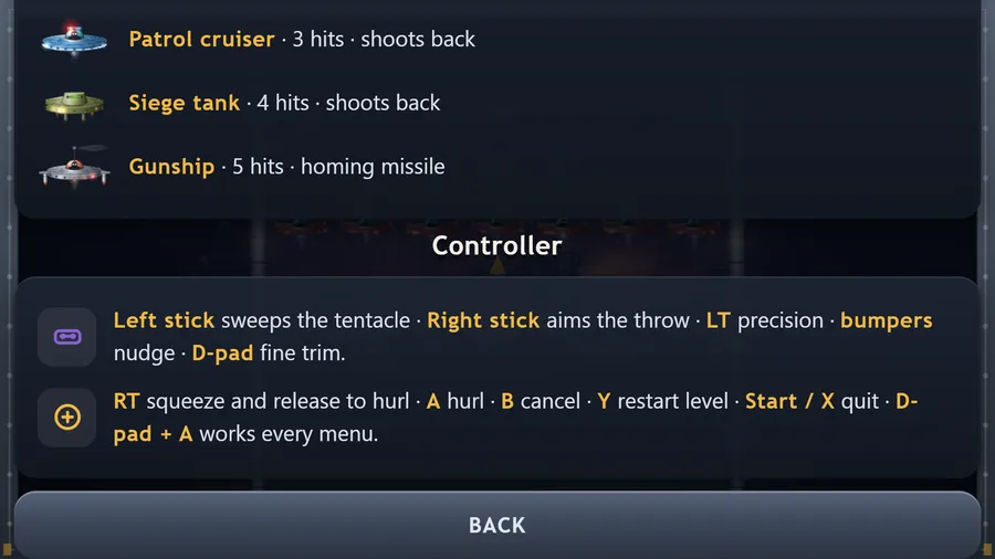 How to Play: the targets from Patrol cruiser to Gunship with the hits each takes, above the controller guide and Back