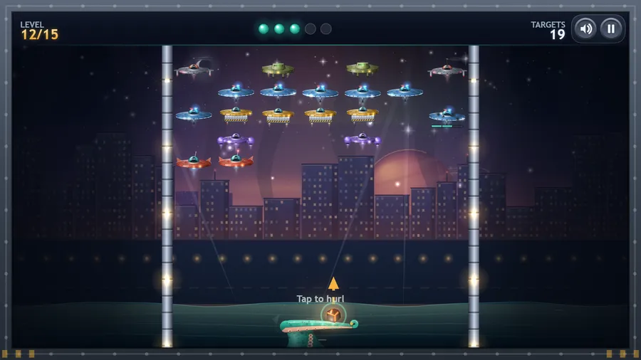 Level 12 of 15 ready to launch: a full armada of saucers and gunships above the tentacle, with an aim arrow and Tap to hurl.