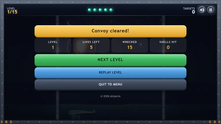 Convoy cleared! result card with level, lives, wrecked and shells-hit counters, plus Next Level and Replay Level buttons.