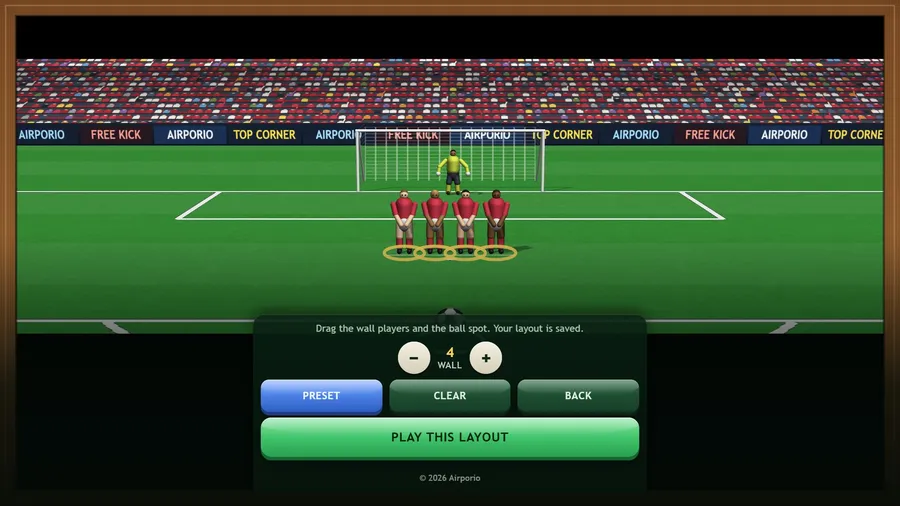 Editor de tiros libres: barrera de cuatro y portero ante la portería, con Preset, Clear, Back y Play This Layout