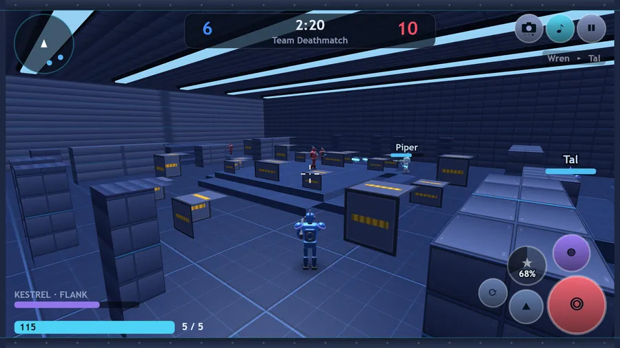 Team Deathmatch from high above at 6 to 10 with 2:20 left: Kestrel the Flank robot among the crates, Piper and Tal ahead