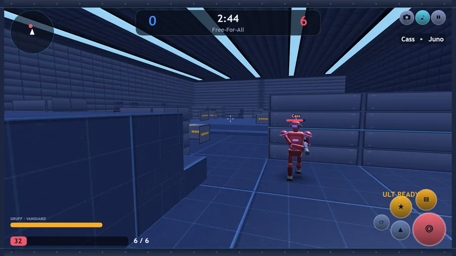 A Free-For-All match as Gruff: a red rival runs toward a shield wall, with an ULT READY prompt and skill buttons lower right.