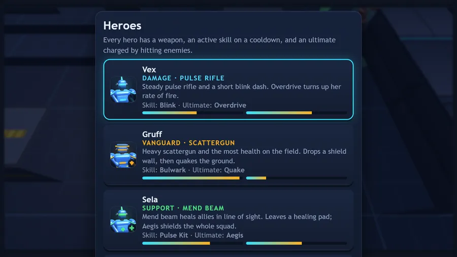 Heroes list: Vex (Damage, Pulse Rifle), Gruff (Vanguard, Scattergun) and Sela (Support, Mend Beam) with skills and ultimates