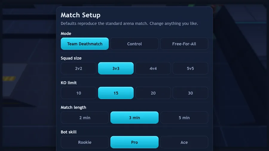Match Setup: Team Deathmatch, 3v3 squads, a KO limit of 15, 3 min matches and Pro bots, with the other options beside them