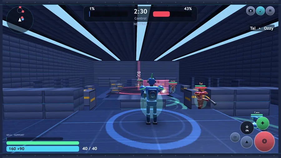 A Control match as support hero Sela: a glowing blue shield ring surrounds the player as rivals contest the objective.