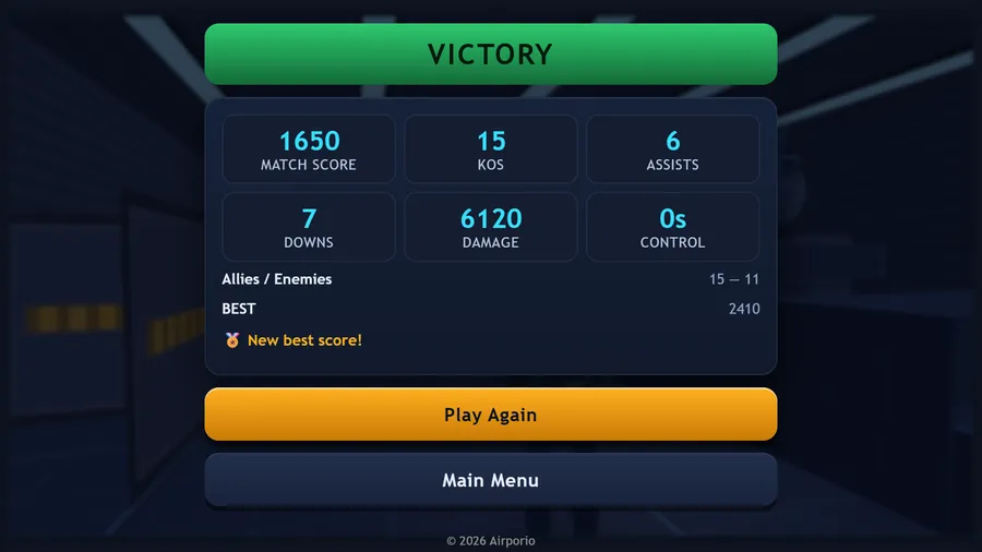VICTORY result card: match score 1650, 15 KOs, 6 assists, 7 downs and a New best score message, with Play Again.