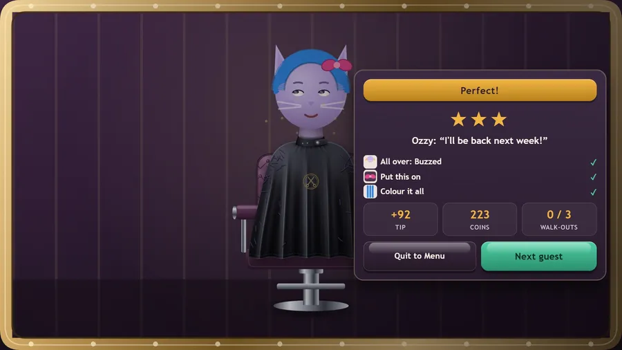 Perfect! Three stars for Ozzy the cat's blue buzz cut with a pink bow, and the tip added to the day's coins