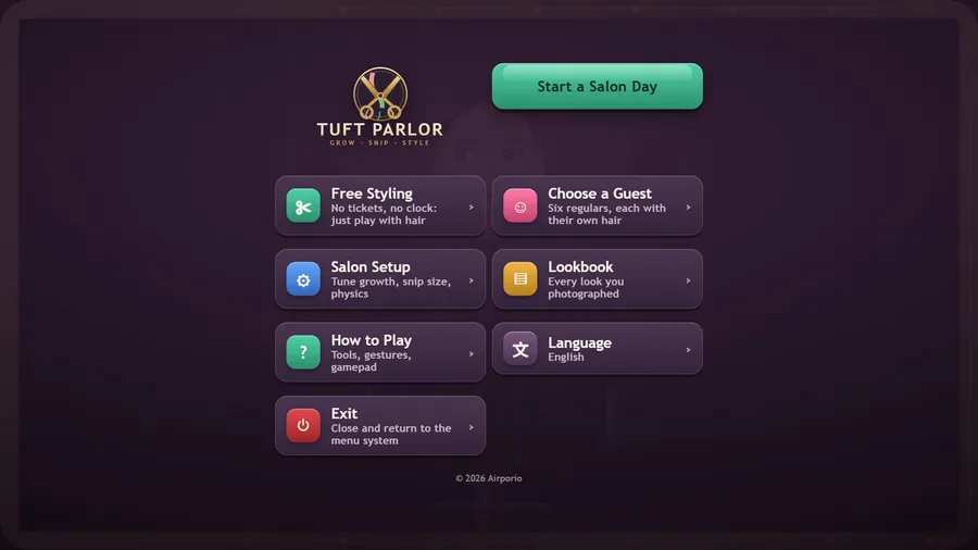 Main menu: Start a Salon Day above Free Styling, Choose a Guest, Salon Setup, Lookbook, How to Play and Language