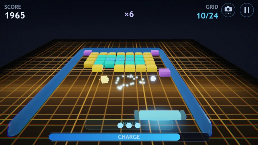 Behind-the-paddle view on an orange neon grid: yellow and teal blocks ahead, shards falling; score 1965, ×6, grid 10/24