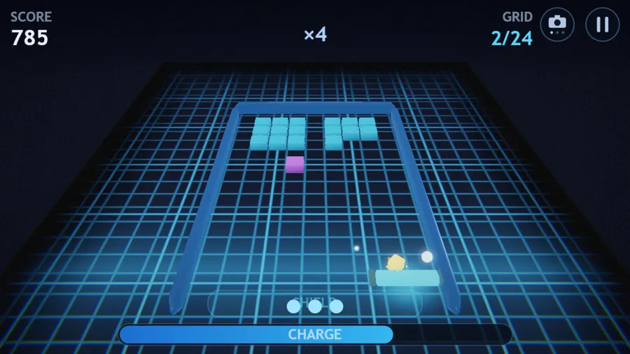 Grid 2 of 24: a cyan neon grid with two small clusters of teal blocks, a falling purple drop and balls off the paddle.