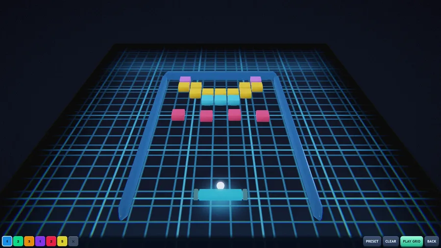 Grid Editor: pink, yellow and cyan blocks laid out above the paddle, with the block palette, Preset, Clear and Play Grid