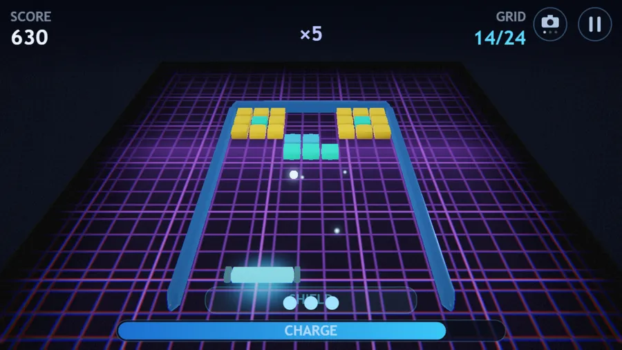 Grid 14 of 24 on a purple neon grid: rows of yellow and teal blocks hang at the top, a ball in flight and a x5 multiplier.
