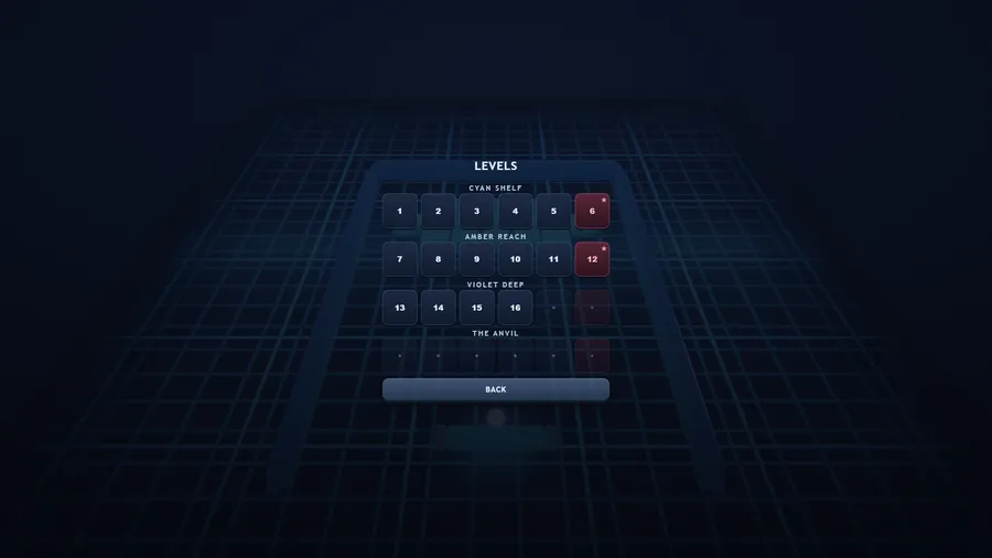 Levels screen: grids 1 to 16 unlocked across Cyan Shelf, Amber Reach and Violet Deep, with The Anvil still locked