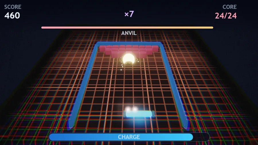 A boss fight against ANVIL in a red and orange neon grid: its pink block wall spans the top as a glowing ball hits the core.
