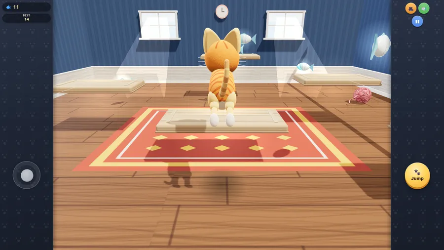 Fish Frenzy: an orange tabby leaps across a rug in a blue living room toward floating fish, with score 11 and best 14.