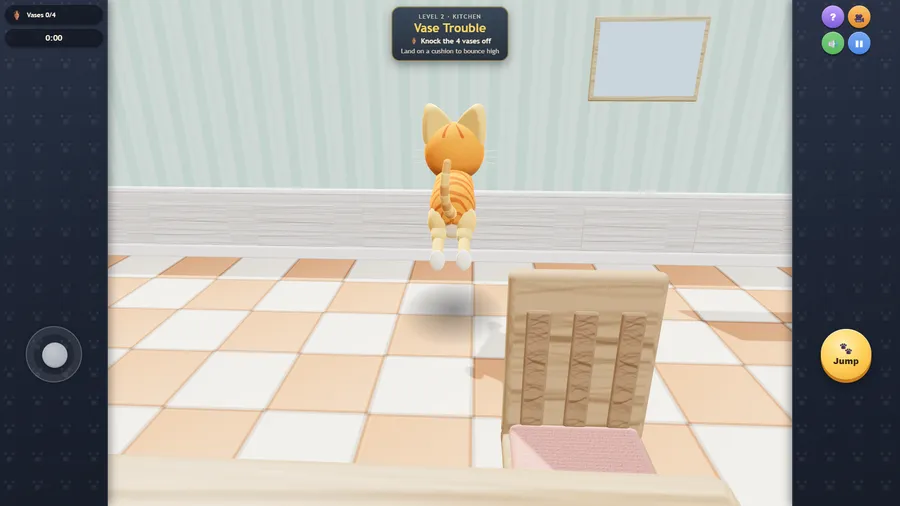 Level 2, Vase Trouble: the cat leaps in a pastel kitchen beside a wooden chair, with a goal to knock four vases off.