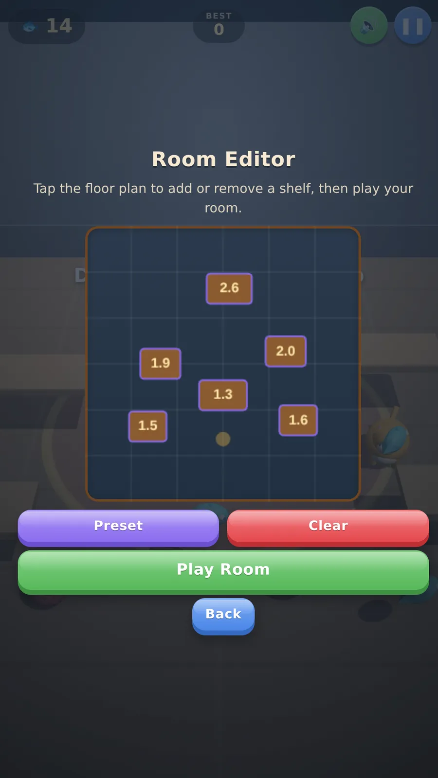 The level map: ten rooms across kitchen, library, attic, garden and café, 14 of 30 stars, and five cat coats.
