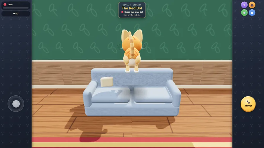 Level 4, The Red Dot: the cat stands on a blue sofa against a green patterned wall, chasing a laser dot.