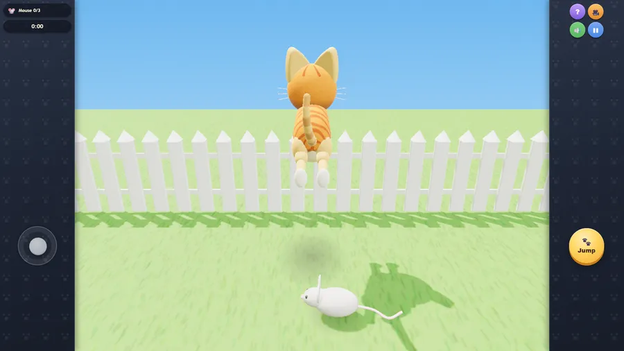 Level 7 in a sunny garden: the cat leaps over grass beside a white picket fence while a white mouse scurries below.