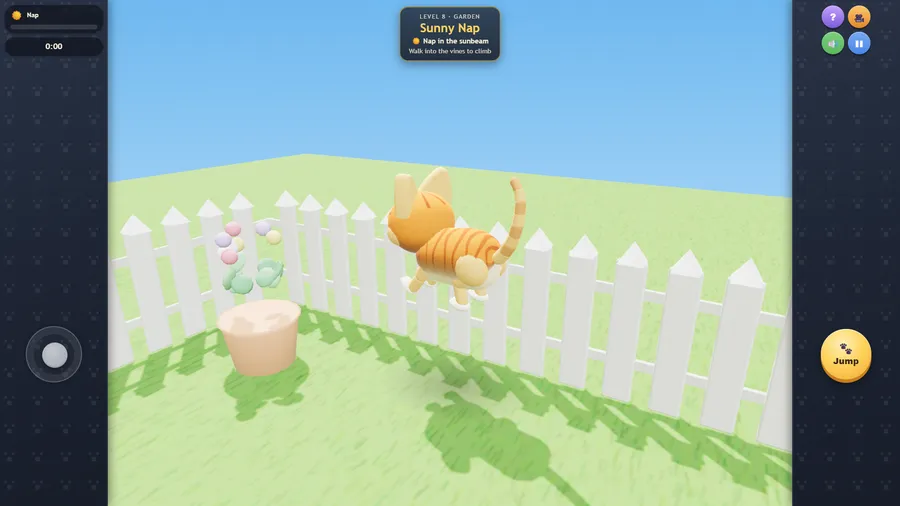 Level 8, Sunny Nap: the cat mid-jump inside a white picket enclosure, heading for a flower basket in the garden.