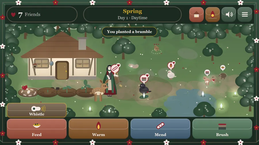 Spring, Day 1: Snow White by the cottage with a fawn, a raven and others showing need icons; 7 friends, You planted a bramble
