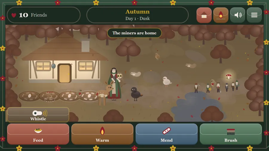 Autumn dusk in the clearing: Snow White, a fawn and a raven by the cottage as the seven miners walk home; 10 friends