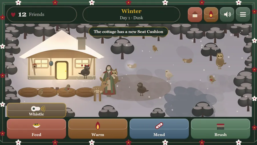 Winter dusk: a snowy, lit cottage with Snow White, a fawn, owls and birds; 12 friends, The cottage has a new Seat Cushion