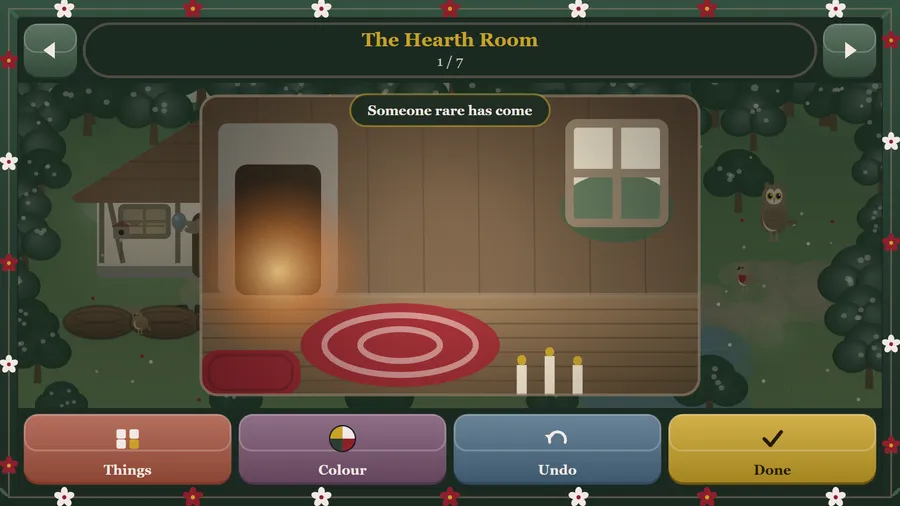 The Hearth Room, 1 of 7: a stone fireplace, a red rug and three candles, lit against the dimmed clearing outside