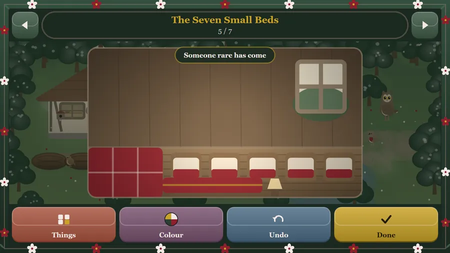 The Seven Small Beds, 5 of 7: a row of small red-and-white beds and a red quilt, against the dimmed clearing outside