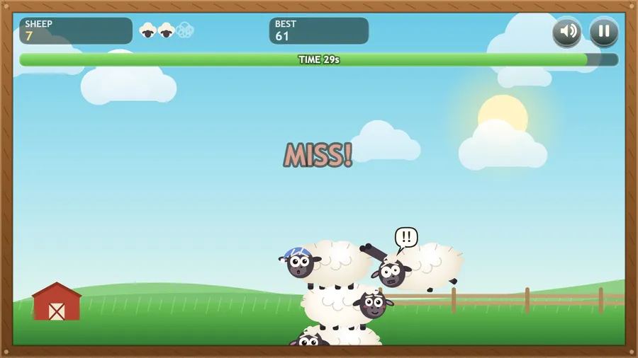 A near miss: a sheep hangs off the tower's edge by its front hooves with a !! bubble as MISS! flashes